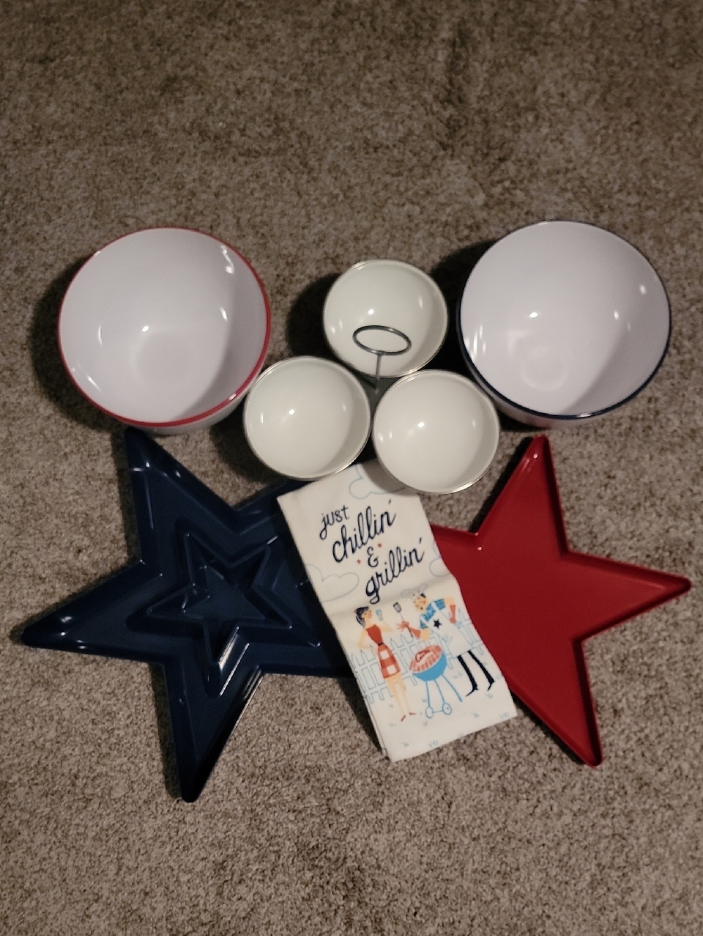 Patriotic Star Serving Trays & Bowls with Chillin & Grillin Towel- Red & Navy